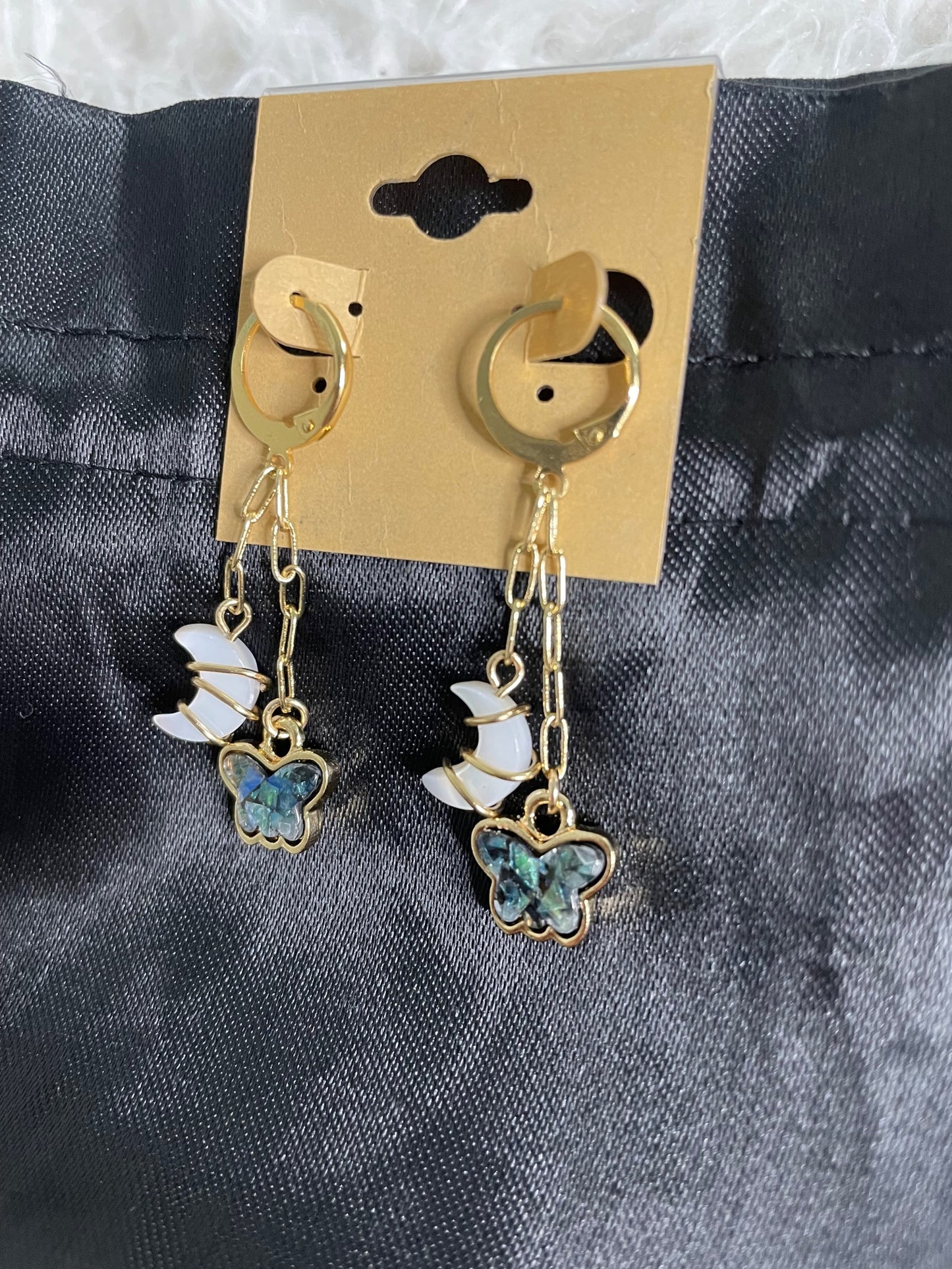 Gold-Wrapped Mother of Pearl Moon Crescent Earrings with Butterfly Dangles - Celestial Flutter
