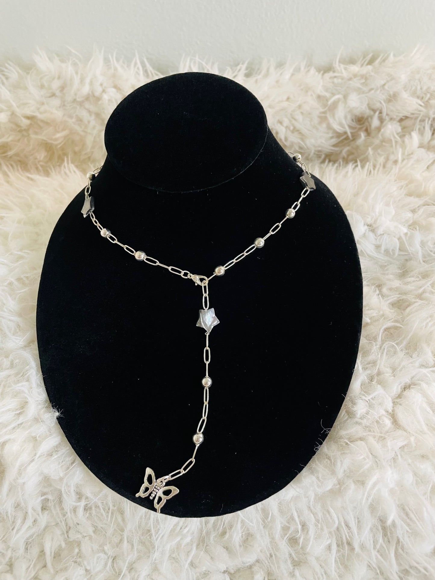 Stylish Star and Butterfly Silver Necklace - Rosary Style