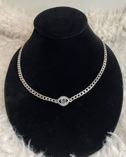 Swarovski Evil Eye Crystal Pendant Necklace with Stainless Steel Curb Chain