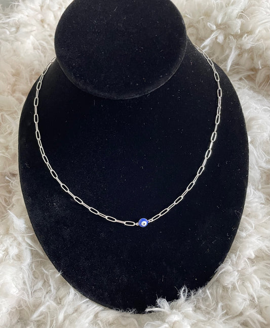 Silver Paper Clip Necklace with Rhodium Blue Evil Eye Pendant - Protective Elegance