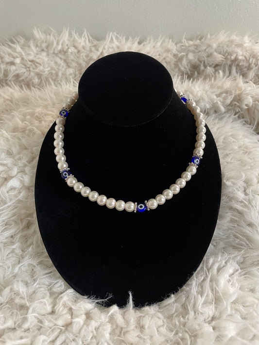 Faux Pearl Choker with Blue Evil Eye Charms