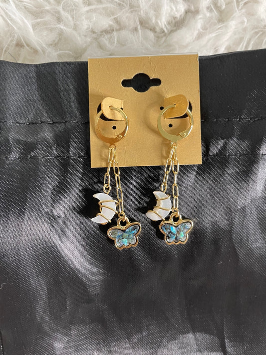 Gold-Wrapped Mother of Pearl Moon Crescent Earrings with Butterfly Dangles - Celestial Flutter
